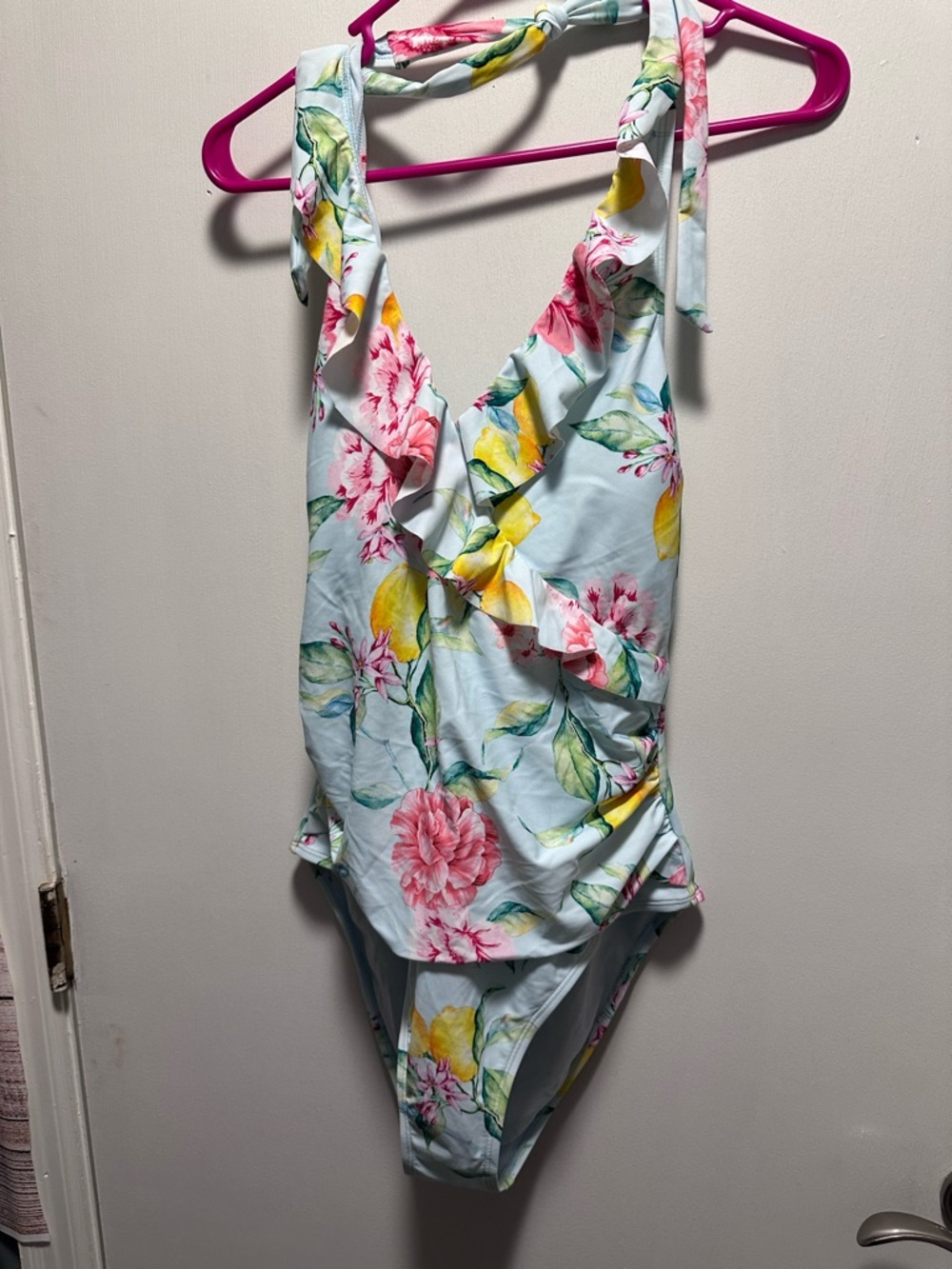 Cupshe Pastel Blue Floral One-Piece Swimsuit with Pink & Yellow Blooms